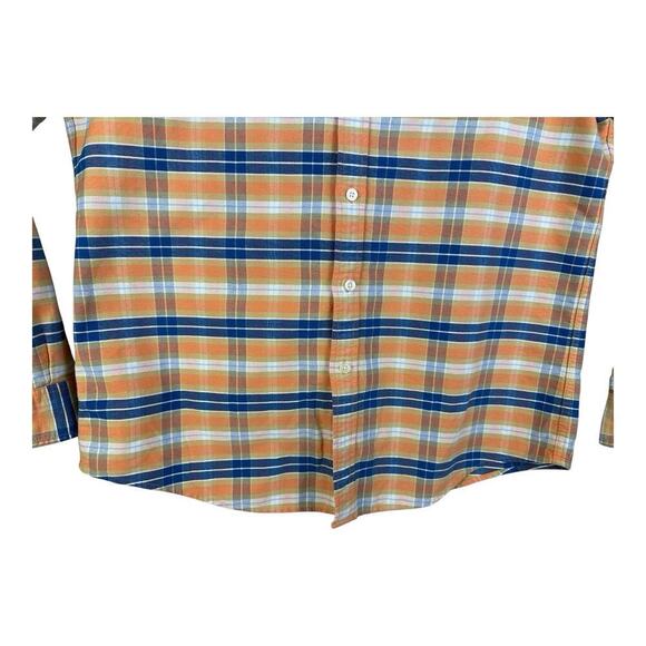 LL Bean Shirt Mens Large Slim Fit Orange Blue Plaid Bean Signature Button Up - Picture 3 of 13